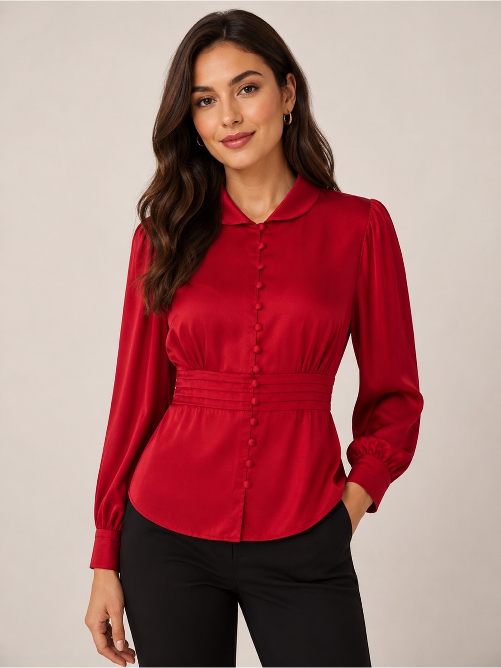 Antonio Melani Silk Blouse 10 Red Licorice Aura Covered Button Pleated NWT